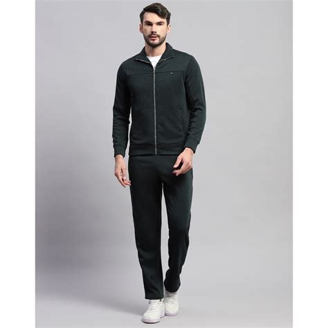 Buy Monte Carlo Mens Solid Dark Green Band Collar Full Sleeve Tracksuit ...
