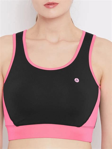 Black & Pink Colourblocked Non-Wired Lightly Padded Sports Bra ...