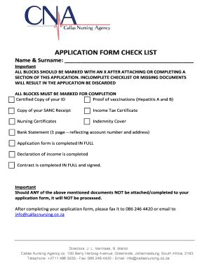 Fillable Online application form check list - Callas Nursing Agency Fax ...