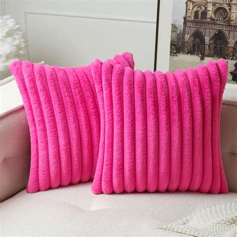 MIULEE Hot Pink Throw Pillow Covers 18x18 Inch Set of 2 Fuzzy Striped ...