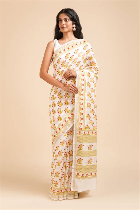 Teejh Sadabahar Green and White Block Print Chanderi silk Saree