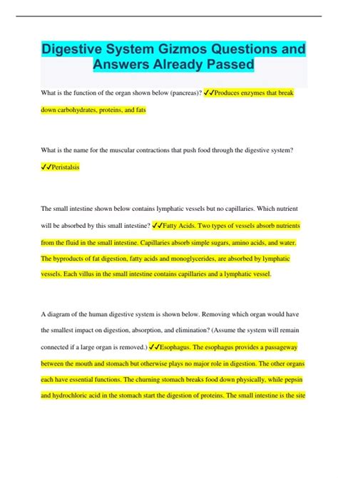 Digestive System Gizmos Questions and Answers Already Passed ...