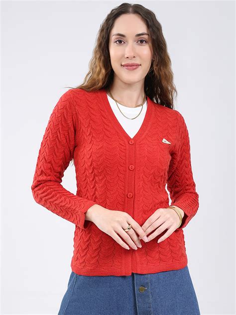 Buy Women Red Self Design V Neck Full Sleeve Cardigan Online in India ...