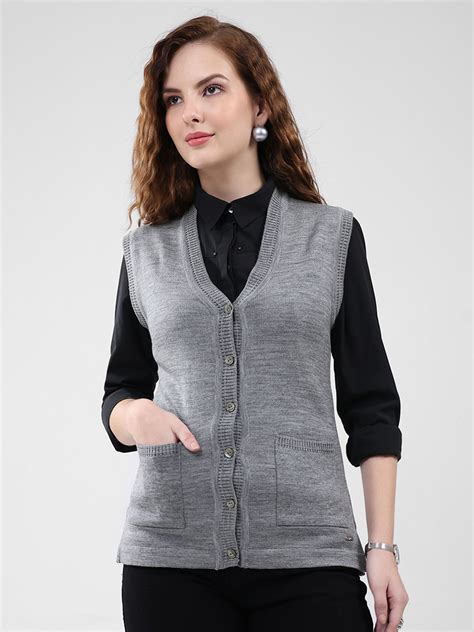 Buy Women Grey Solid V Neck Sleeveless Cardigan Online in India - Monte ...