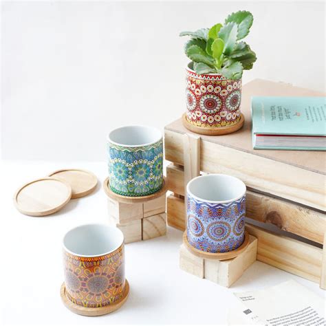 Artful Garden Ceramic Planter With Coaster Set Of 4 Online - Premium ...