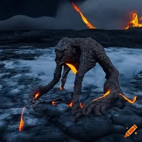 Digital art of a creature emerging from molten lava