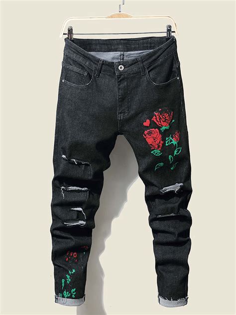 Black Denim Floral Slim Embellished Slight Stretch Men Denim Black ...