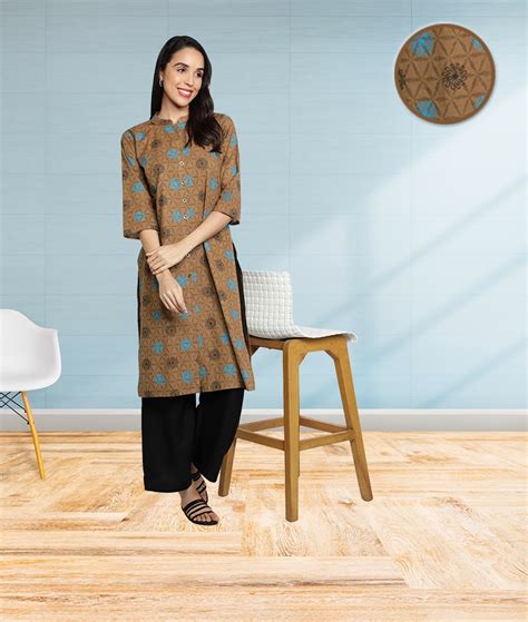 Fabclub Pure Cotton Printed Front Slit Straight Women Kurti (Brown ...