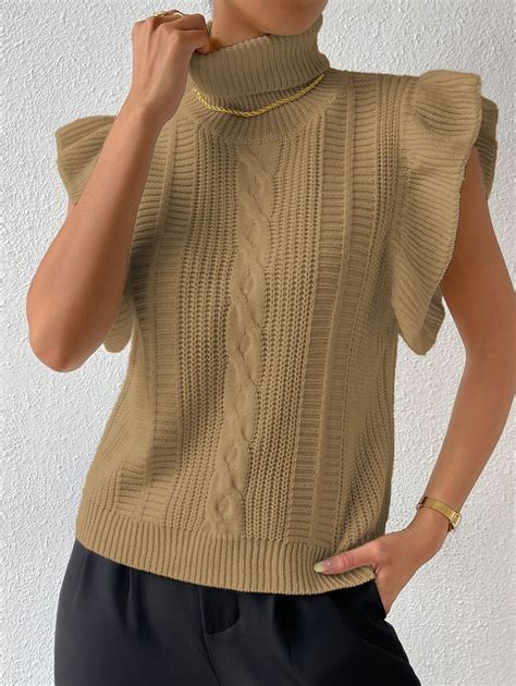 SHEIN Essnce Turtle Neck Ruffle Trim Cable Knit Sweater Vest | SHEIN USA