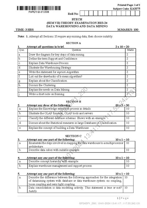 KAI075 BTECH SEM VII Data Warehousing & Data Mining Exam Notes - Studocu