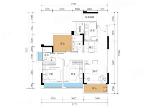 美好雍景台A户型，美好雍景台2室2厅2卫1厨约89.00平米户型图，朝南朝向 - 中山安居客