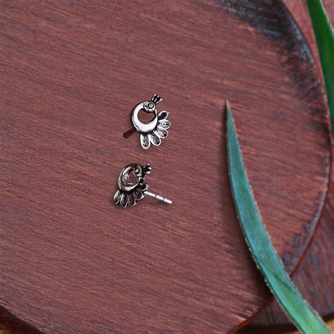 Elegant Radiant Silver Peacock Stud Earrings