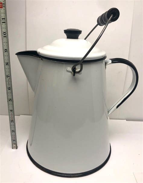 Vintage Enamelware Large White Enamel Water Kettle Cowboy Coffee Pot 10 ...