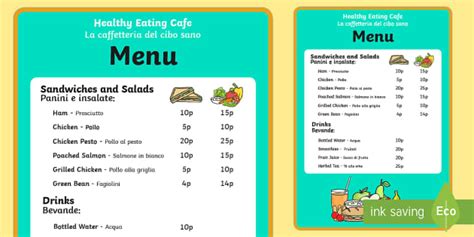 Healthy Eating Cafe Role Play Menu English/Italian - Healthy Eating Cafe Role