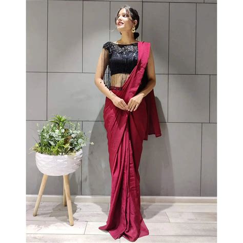 Designer Maroon Silk Readymade Saree with Handwork Blouse