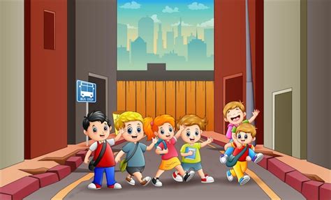 Group of school children are going to school | Premium Vector
