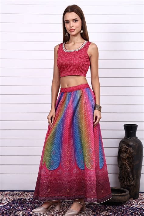 Buy Magenta Bandhni Printed Sequins Tissue Straight Crop Top, Flared ...