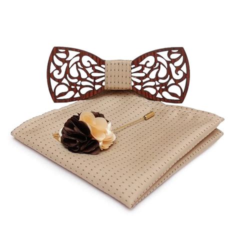 Buy MENSOME Brown Wooden Bow Tie with Pocket Square and Flower Brooch ...