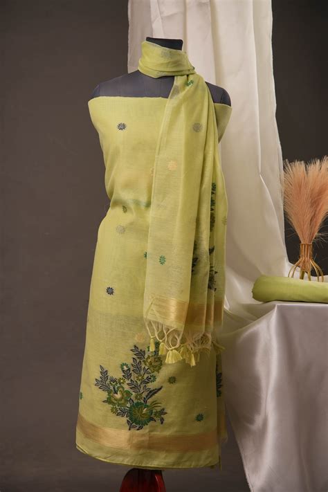 Floral Buti Pista Green Muga Cotton Unstitched Suit Set – Vezora Studio