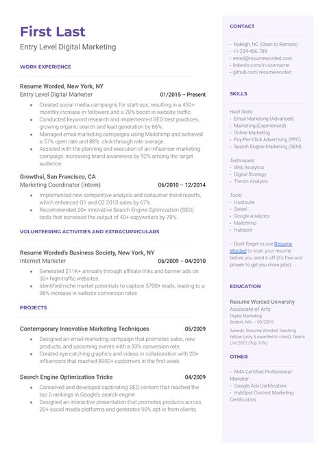 Entry Level Digital Marketing Resume Examples for 2026 | Resume Worded