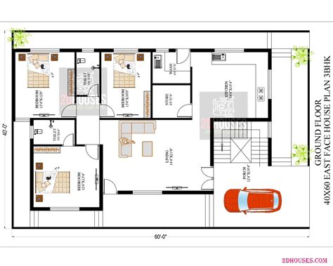 East Facing 3 Bedroom Vastu House Plan For 40x60 - 2DHouses - Free ...