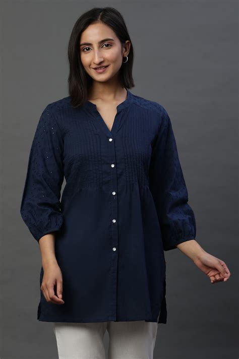 Buy Navy Schiffli Short Kurti with Pintucks Online for Woman | Shop for ...