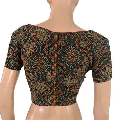 Ajrakh Cotton Sweetheart Neck Blouse with Short Sleeves & Potli Button ...