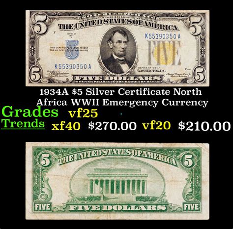 1934A $5 Silver Certificate North Africa WWII Emergency Currency Grades vf+