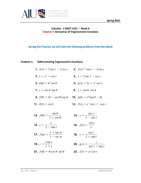 SOLUTION: Tutorial 7 derivative of trigonometric functions - Studypool