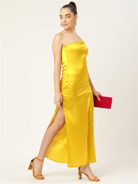 Women Yellow Satin One Shoulder Maxi Dress Elegant Evening Wear – Dodo ...
