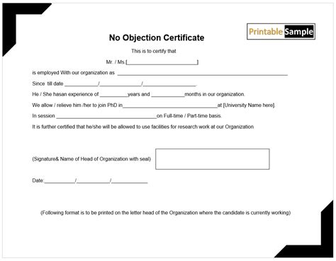 No Objection Certificate Templates - Printable Samples