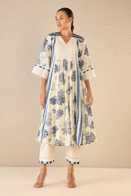 Buy Blue Chanderi, Cotton V-neck Floral Fantasy Print Anarkali For ...