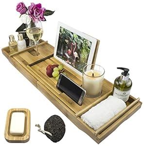 Bamboo Over Bath Bridge Tub Caddy Tray – Wood Bathtub Rack Bath Shelf ...
