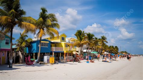 Colorful Beach Houses And Palm Trees On A White Beach Background, Fort ...
