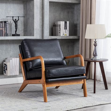 Amazon.com: STHOUYN Mid Century Faux Leather Black Accent Chair with ...