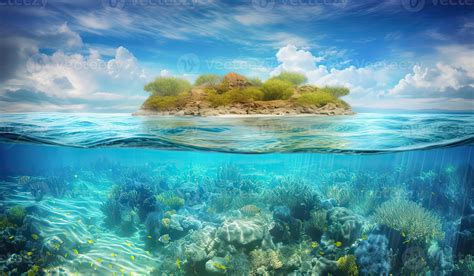 Tropical Island And Coral Reef - Split View With Waterline. Beautiful underwater view of lone ...