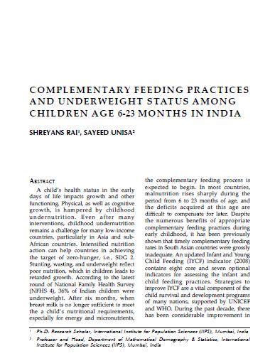 COMPLEMENTARY FEEDING PRACTICES AND UNDERWEIGHT STATUS AMONG CHILDREN ...