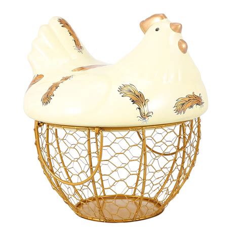 TOPBATHY Metal Wire Egg Basket Ceramic Chicken Top Egg Storage Basket ...