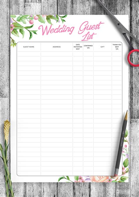 Wedding Guest List Printable Download Printable Wedding Guest List