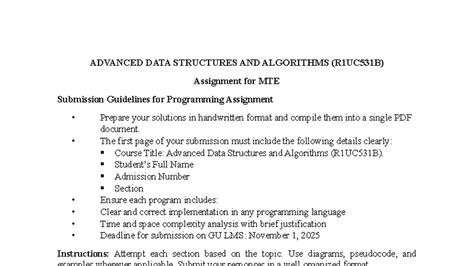 ADSA (R1UC531B) MTE 2025 Assignment Guidelines and Programming Tasks ...