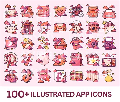 Sunset App Icon Pack Pink Orange Purple Clouds Sky Icons Cute Hand ...