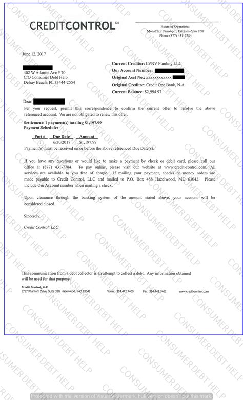 Settlement Letters Credit One - Consumer DEBT HELP ASSOCIATION