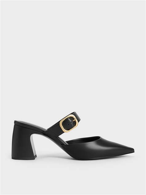 Black Pointed-Toe Mary Jane Heeled Mules - Black - Sale - CHARLES ...