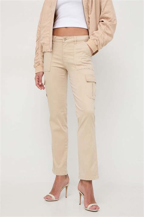 Guess spodnie damskie kolor beżowy fason chinos high waist | Answear.com
