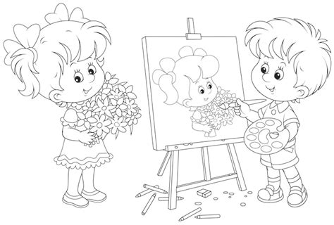 Garotinho desenhando um retrato de uma linda garota feliz com flores ...