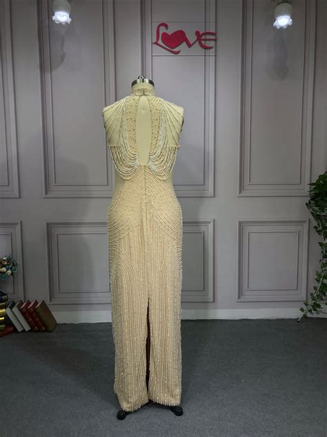 Handmade crystals pearls beaded luxury couture bodice nude prom dress ...