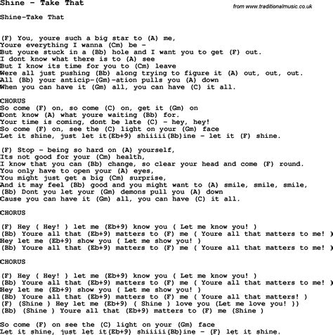 Song Shine by Take That, song lyric for vocal performance plus ...