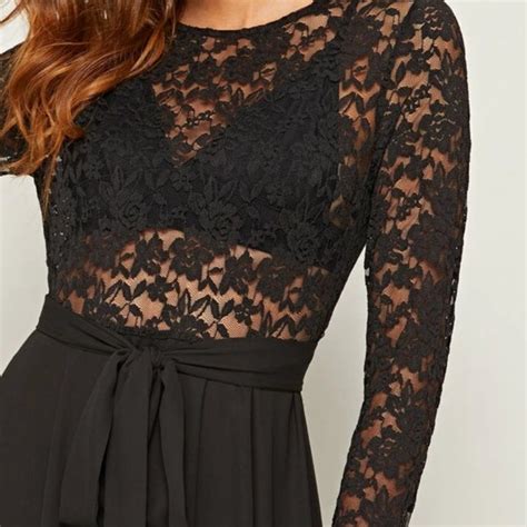 Sheer Lace Bodice Self Belted Flared One Piece Dress - Made For Her Label