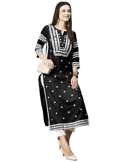 GoSriKi Women's Cotton Blend Embroidered Straight Kurta (Stho-Black-GS ...