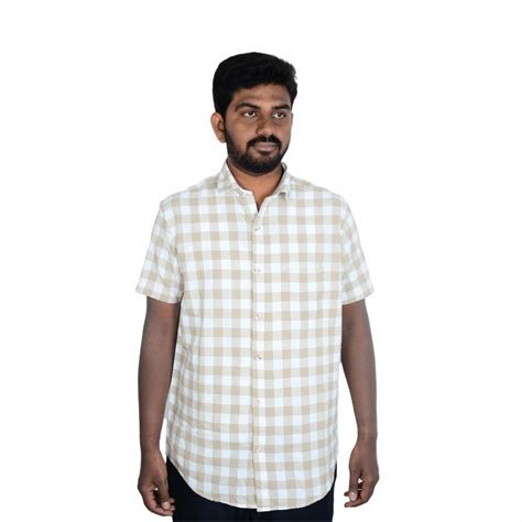 Cotton Slim Fit Half Shirt-White and pale Brown- eSiddhi -Half Sleeves